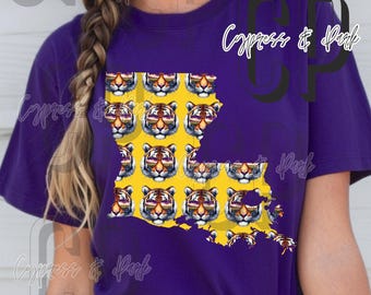 PNG con tigre della Louisiana viola e oro del college per sublimazione, DTF, DTG, arte digitale, clip art, immagine
