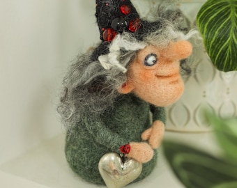 Creepy cute witch doll Kitchen witch with heart Felt witch wool art doll Fantasy creature creepy doll