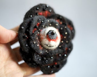 Eyeball rose Black flower felt brooch Needle felted funny creepy brooch Ready to ship