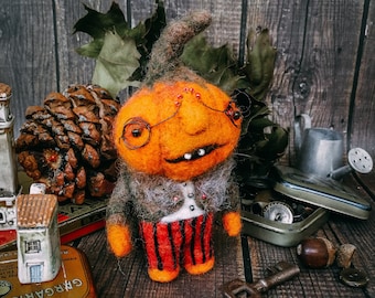 Felt pumpkin Fantasy creature creepy doll in a tuxedo Autumn wool pumpkin Small shelf decorations