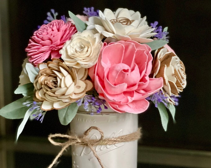 Sola Wood Flower Centerpiece, Mason Jar Floral Arrangement, Pink and