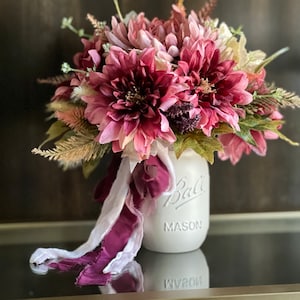 Mason Jar Floral Arrangement, Pink Artificial Flower Centerpiece, Pink Flowers in Mason Jar, Mum Bouquet