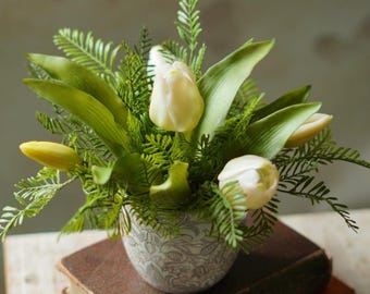 Faux Tulip Arrangement with Ferns | Real Touch White Tulips in Ceramic Bowl