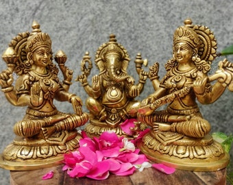 Brass Lakshmi, Ganesh and Saraswathi Statue (Set of 3 idols, Sculpture, Handmade, Gift, Beautiful, Home Decor, 7.5 inch)