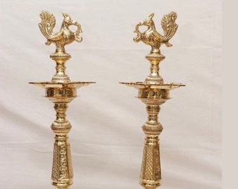 Handmade Brass Nagas Design Kuthu Vilakku - Set of 2 Lotus and Annapakshi Oil Lamps (24 inch)