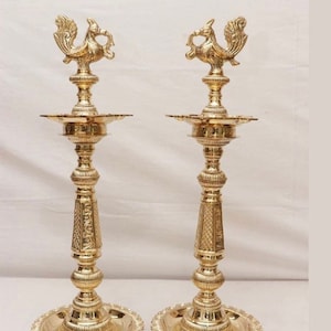 Handmade Brass Nagas Design Kuthu Vilakku - Set of 2 Lotus and Annapakshi Oil Lamps (24 inch)