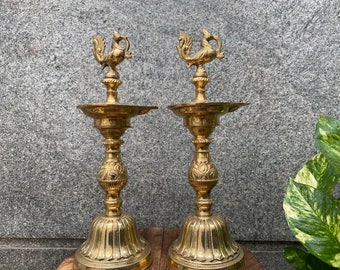 14 inch Single-faced Annapakshi Brass Kuthu Vilakku (Diya for Pooja, Oil Diya, Annapakshi Vilakku, Agamugam Deepam, Pooja Deepam)