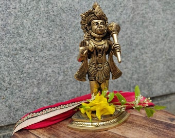 10 inch Brass Anjaneya or 9 inch Lord Hanuman (Antique, Pooja Idol, Statue, Sculpture, Handmade, Gift, Beautiful, Home Decor)