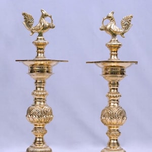 14 inch Brass Annapakshi Kuthu Vilakku, Katta Nagas Vilakku (Traditional, Handmade, Oil Lamp, Diya for Pooja, Peacock Kuthu Vilakku, a Pair)