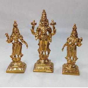 6 inch Handmade Panchaloha Lord Vishnu, Lakshmi and Padmavati - Set of 3, Customizable Copper Idol