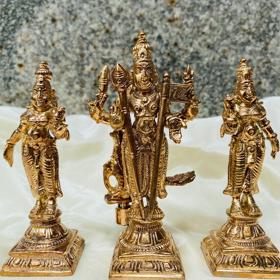 Handmade Panchaloha Lord Murugan With Valli Deivani - Set of 3