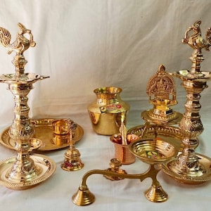 Brass Housewarming Set - Pooja Diya, Brass Pot, Kamatachi Oil Lamp and Brass Plate.