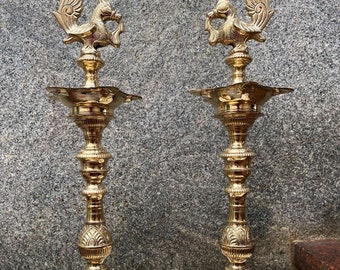 Brass Annapakshi Traditional Oil Lamp (Set of 2, Brass Pooja Lamp, Diya for Pooja, Brass Diya, Brass Vilakku)