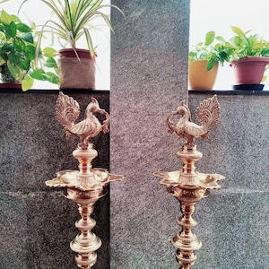 Handmade 5ft Brass Annapakshi Kuthu Vilakku with Handmade Nagas Work - Pooja Oil Lamp