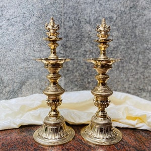 16 inch, 7-faced Brass Ganesha Vilakku or Brass Lamp, Set of 2, Brass Oil Lamp, Diya for Pooja, Perumal Kuthu Vilakku