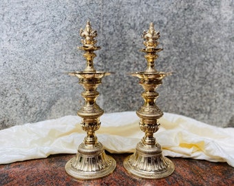 16 inch, 7-faced Brass Ganesha Vilakku or Brass Lamp, Set of 2, Brass Oil Lamp, Diya for Pooja, Perumal Kuthu Vilakku