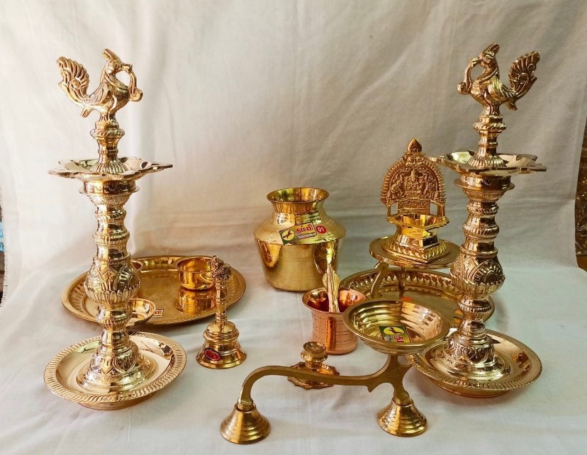 Brass Housewarming Set Pooja Diya or Vilakku Brass Pot Etsy