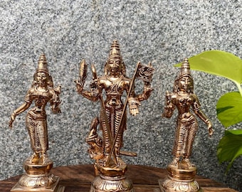 Handmade 6 inch Panchalogam Lord Murugan With Valli Deivani - Set of 3 idols, Customizable Copper Idol