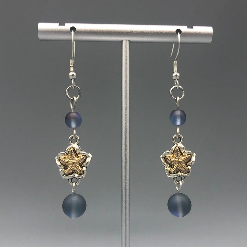 Mermaid Sea Witch Aesthetic Gold and Silver Starfish Dangle Drop Earring Beach Themed Affordable Iridescent Blue Beaded Hippie Boho Chic