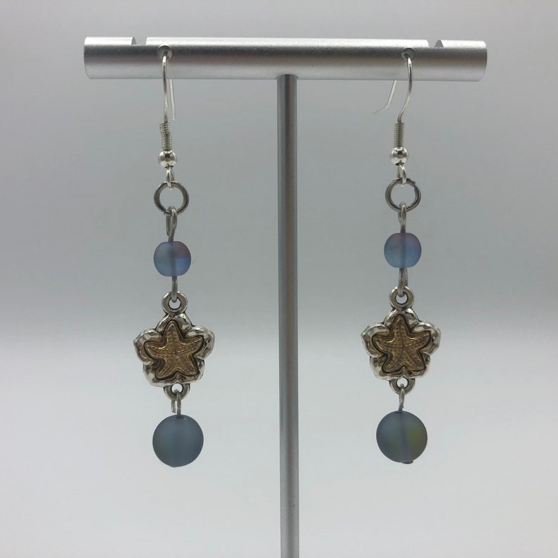 Mermaid Sea Witch Aesthetic Gold and Silver Starfish Dangle Drop Earring Beach Themed Affordable Iridescent Blue Beaded Hippie Boho Chic