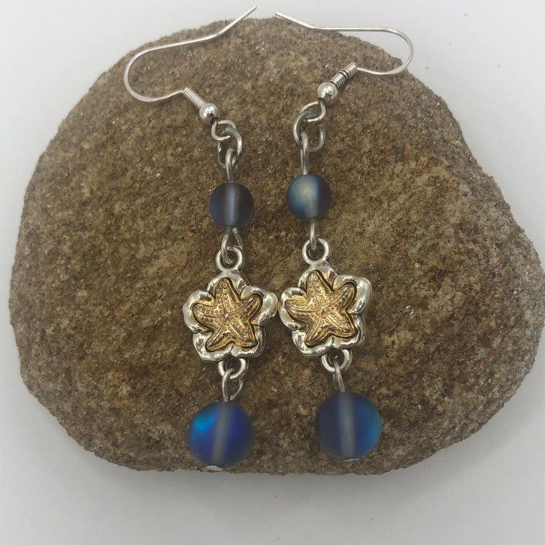 Mermaid Sea Witch Aesthetic Gold and Silver Starfish Dangle Drop Earring Beach Themed Affordable Iridescent Blue Beaded Hippie Boho Chic