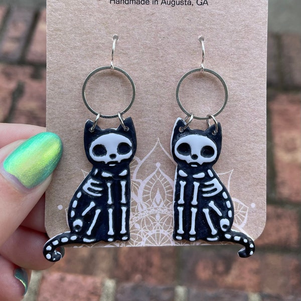 Skeleton Cat | Handmade Polymer Clay Earrings, Lightweight Hypoallergenic Boho Chic, Halloween Cat with Silver French Hook