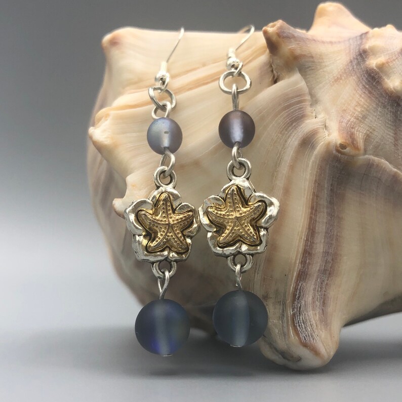 Mermaid Sea Witch Aesthetic Gold and Silver Starfish Dangle Drop Earring Beach Themed Affordable Iridescent Blue Beaded Hippie Boho Chic