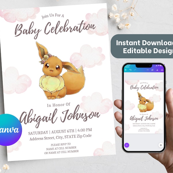 Eevee Baby Shower Einladung | Bearbeitbare Einladung | Evoli Karte | Digitaler Download | Canva Template | Pokemon Baby Feier Einladung