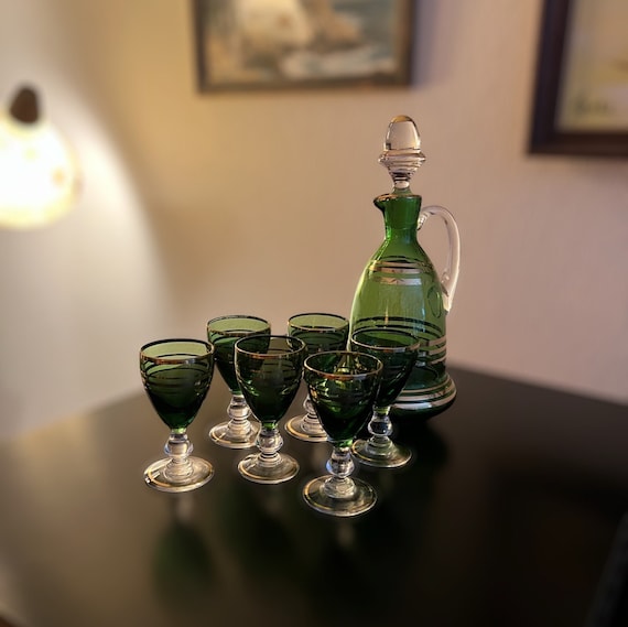 Vintage 7-piece Mid Century Green and Gold Bar Decanter Set by 