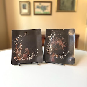 Pair of Vintage Inlaid Coral and Abalone Shell Trinket Dishes | Couroc Style | Seascape Dishes | Vintage Sea Coral and Shell Inlaid Trays