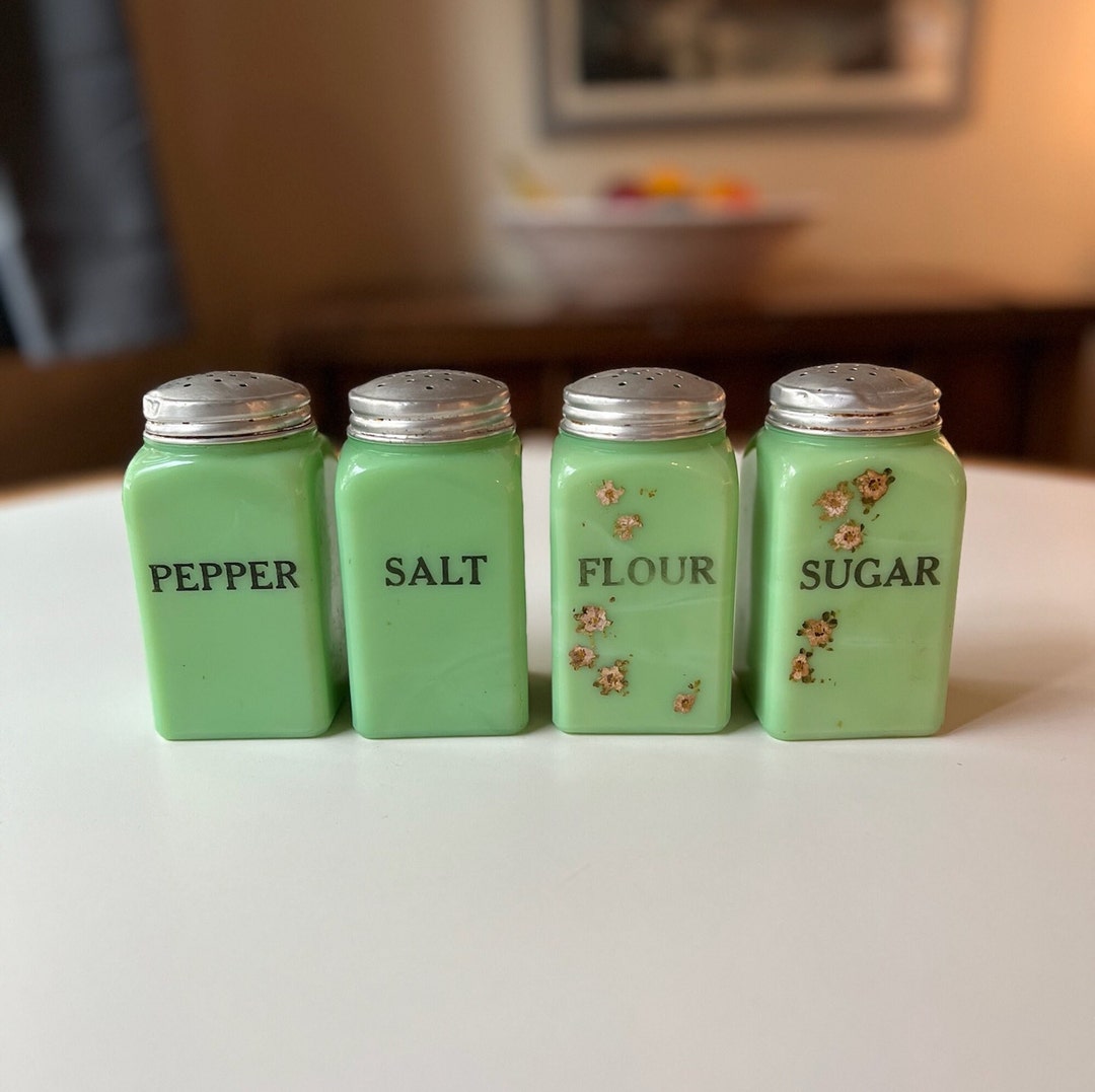 Set of Four Jadite Range Top Salt Pepper Flour Sugar Shakers by Mckee