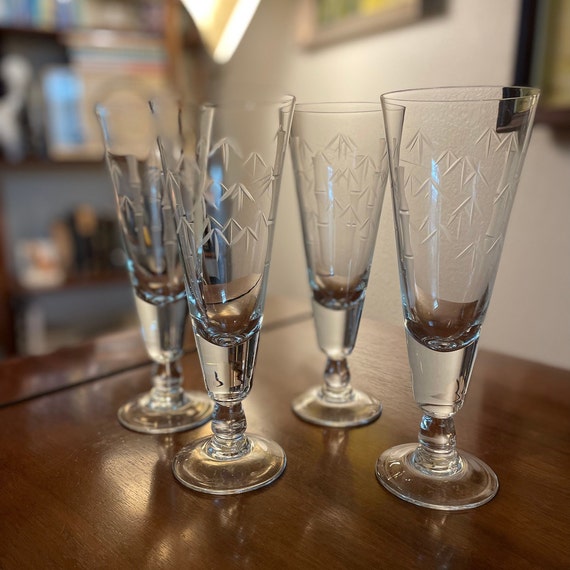 Set of 4 Etched Bamboo Pilsner Glasses by Sasaki Vintage Sasaki