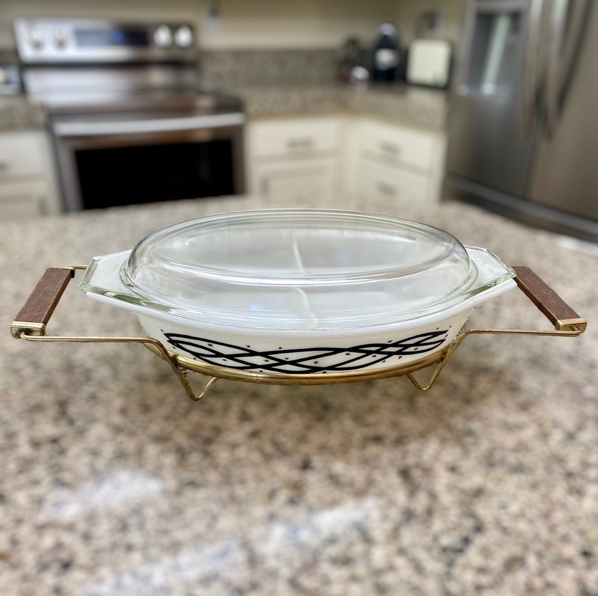 Fabulous Black Scroll Divided Casserole Vintage Baking Dish by