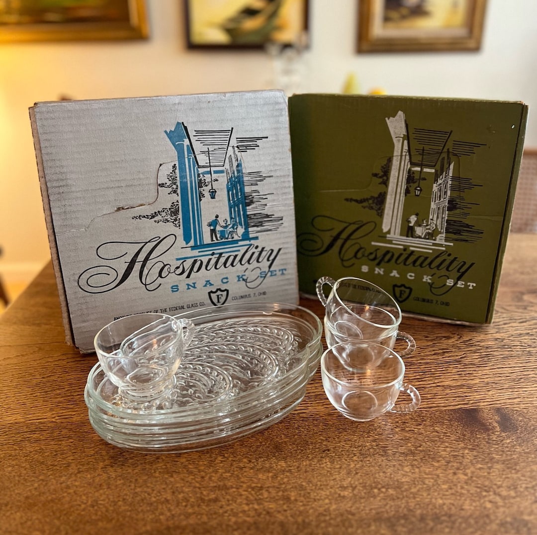 Set of 4 Clear Hospitality Snack Sets by Federal Glass Co. in Original Box Federal Glass