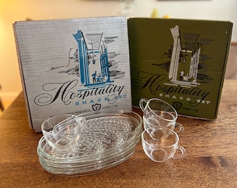 Set of 4 Clear Hospitality Snack Sets by Federal Glass Co. | In Original Box | Federal Glass Hospitality | Vintage Snack Set | MCM Snack Set