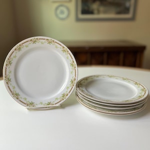 May include: A set of six white porcelain dinner plates with a green and brown floral pattern around the rim. The plates are stacked on top of each other.
