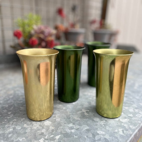 Set of 4 Vintage Green and Gold Anodized Aluminum Tumblers by Color Craft  Color Craft Tumblers Vintage Aluminum Tumbler Set Picnic Cup 