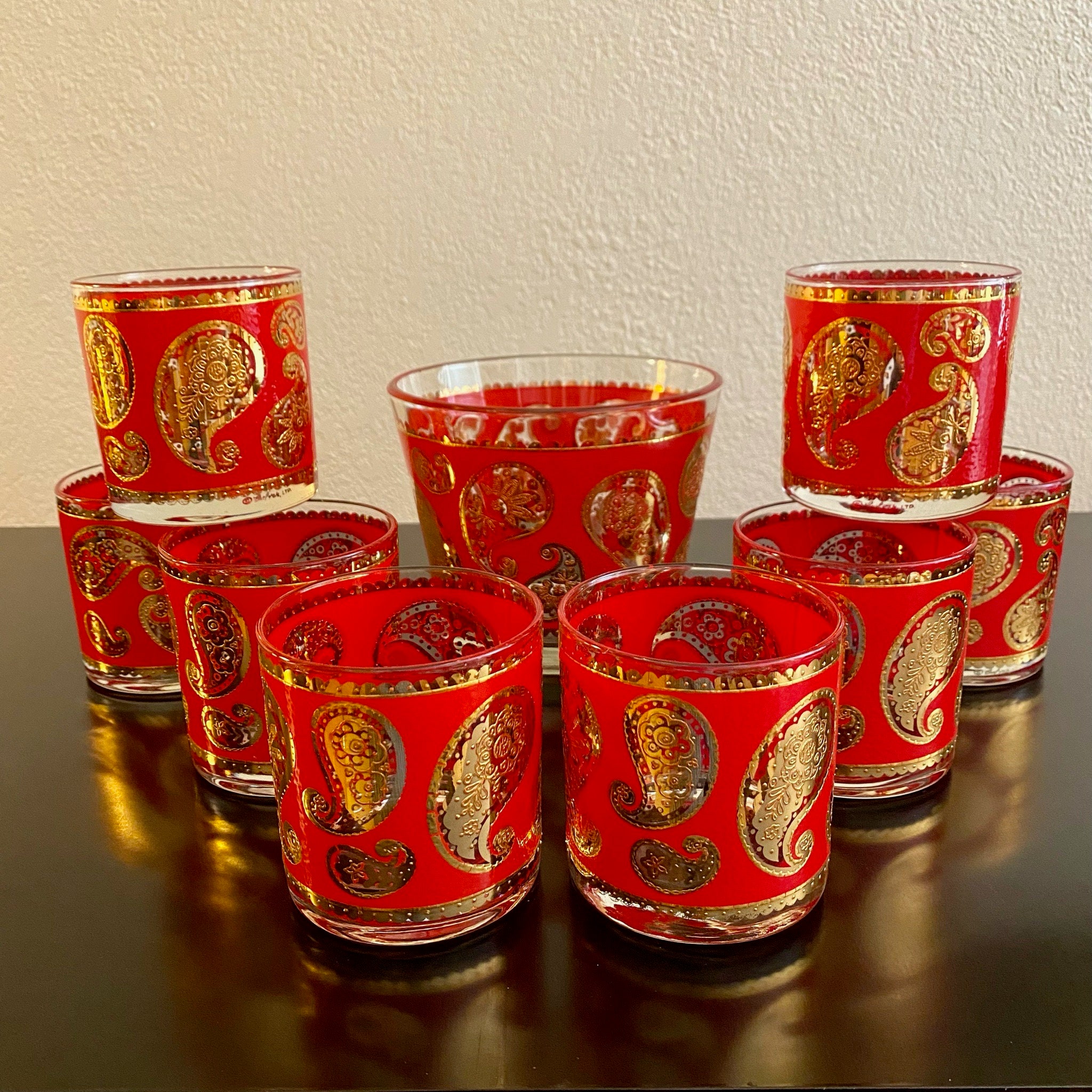 Set of 8 Paisley Gold and Red Design 10oz Old Fashioned
