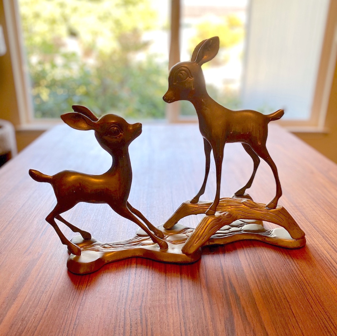 Vintage Solid Brass Doe and Fawn Deer Sculpture | Brass Mom and