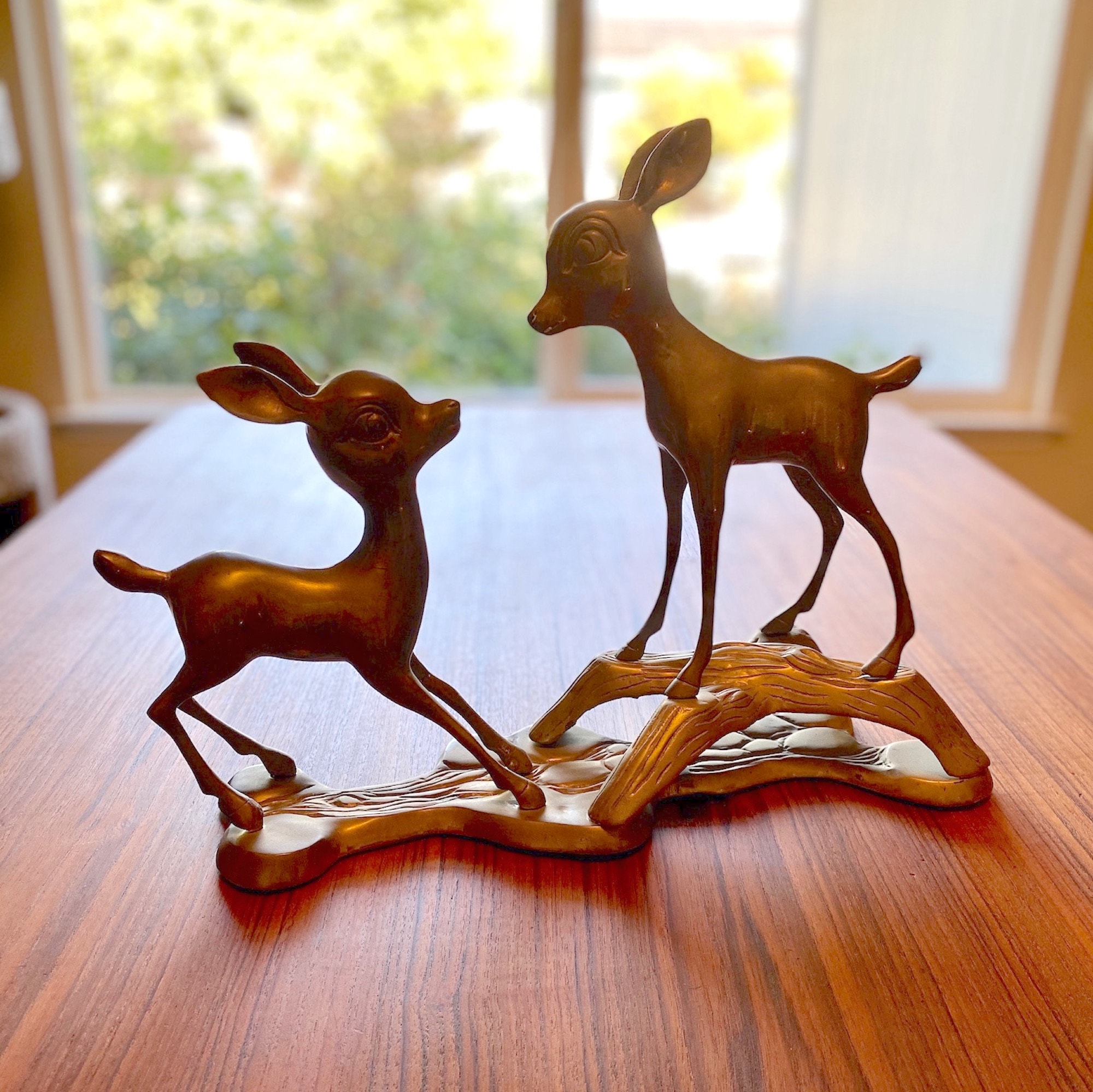 Vintage Solid Brass Doe and Fawn Deer Sculpture | Brass Mom and