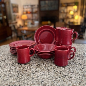 Sets of Colorstax Cranberry Plates, Bowls and Mugs by Metlox | Metlox Colorstax Cranberry | Salad Plate | Cereal Bowl | Cranberry Color Mugs