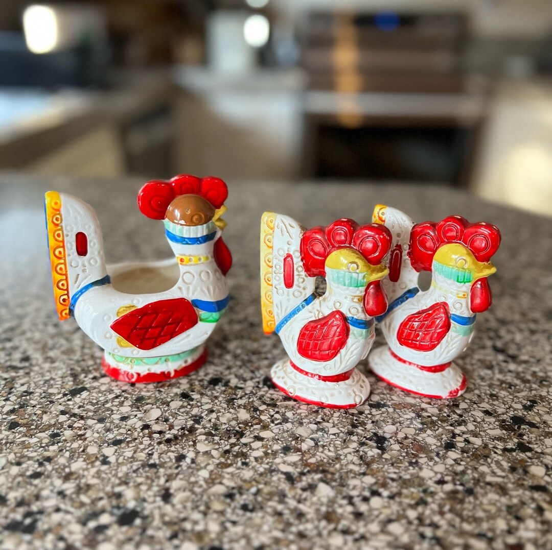 Your Choice of Vintage Colorful Rooster S&P or Creamer by Lego
