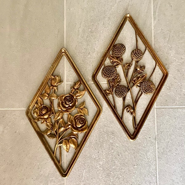 Pair of Gold Flower Wall Hangings by Syroco Ornamental Co. | Made in USA | Hollywood Regency | Mid Century Modern | Golden Flowers