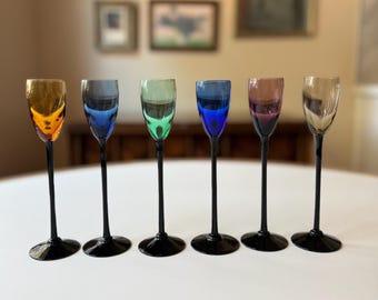 Set of 6 Mid Century Jewel Tone Cordial Glasses with Black Stems | MCM Jewel Tone | Black Stem Glasses | Tall Port Glasses | 0.5 oz Glasses