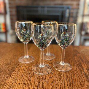 Set of 4 Christmas Tree 12 oz. Wine Glasses with Gold Trim by Spode | Spode Christmas Tree Wine Glasses | Vintage Spode Wine Glasses