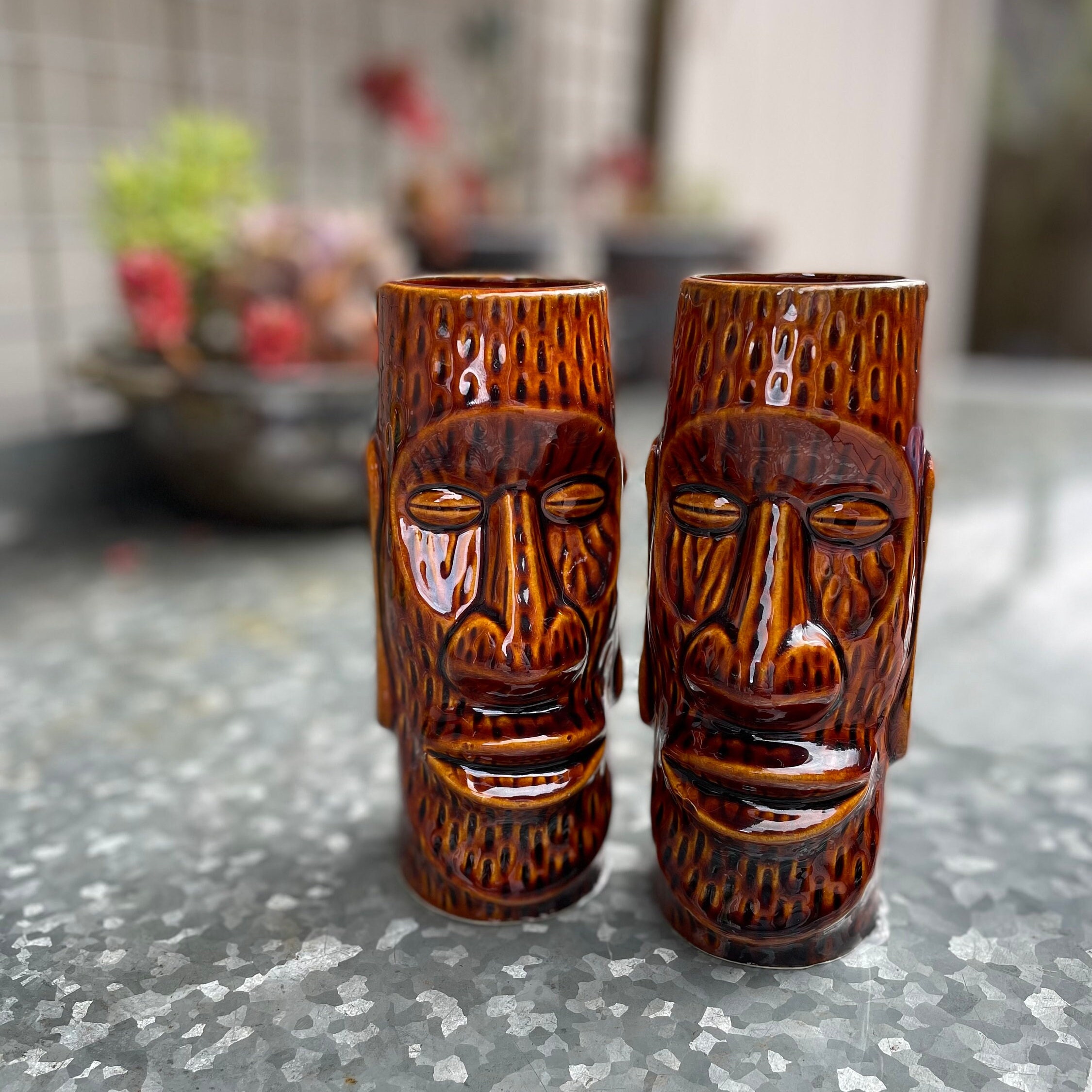 Pair of Ceramic Moai R-72 Tiki Cups by Orchids of Hawaii | Hawaii