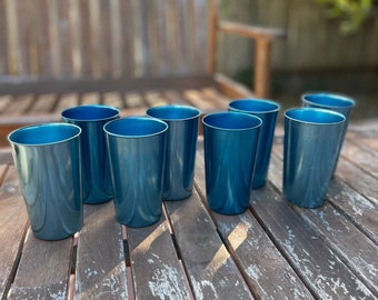 Set of 8 Vintage Blue Toned Anodized Aluminum Tumblers by Bascal | Bascal Blue Tumblers | Vintage Aluminum Tumbler Set | Vintage Blue Bascal