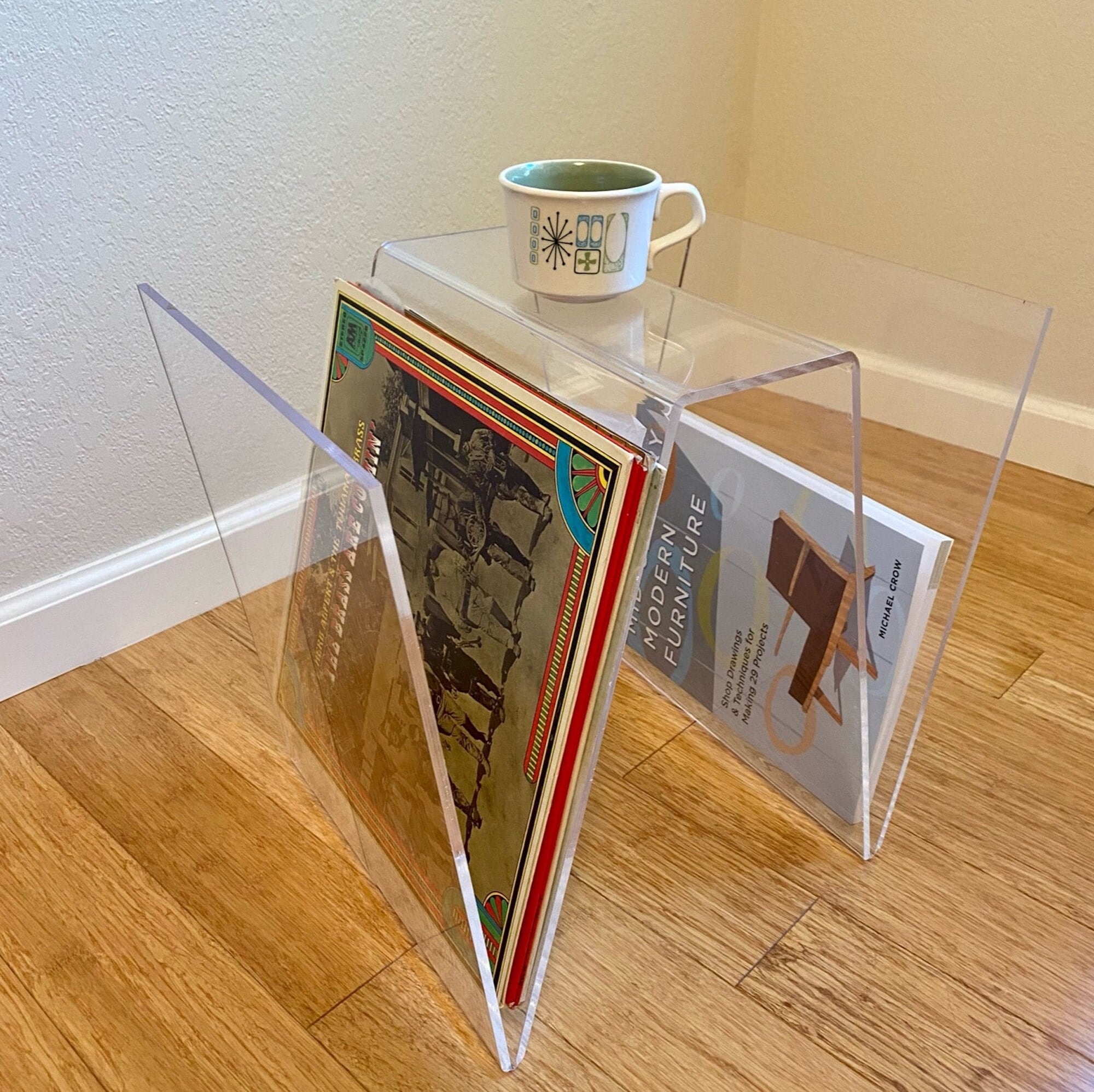 Vintage Mid Century Modern Clear Bent Lucite Magazine Rack