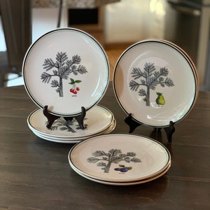 Set of 4 Le Verger Tree Fruit Plates created by Marie-Pierre Boitard for Gien France | French Fruit Plates | Vintage Black and White Plates