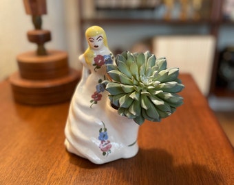 Vintage California Pottery Girl in Floral Dress Figurine Planter Vase | Vintage California Pottery | California Pottery with Blonde Hair